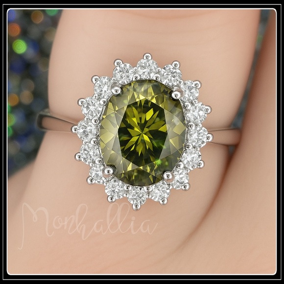 NEW 925 SILVER OLIVE DIAMOND GREEN HALO STATEMENT COCKTAIL RING - Picture 1 of 5